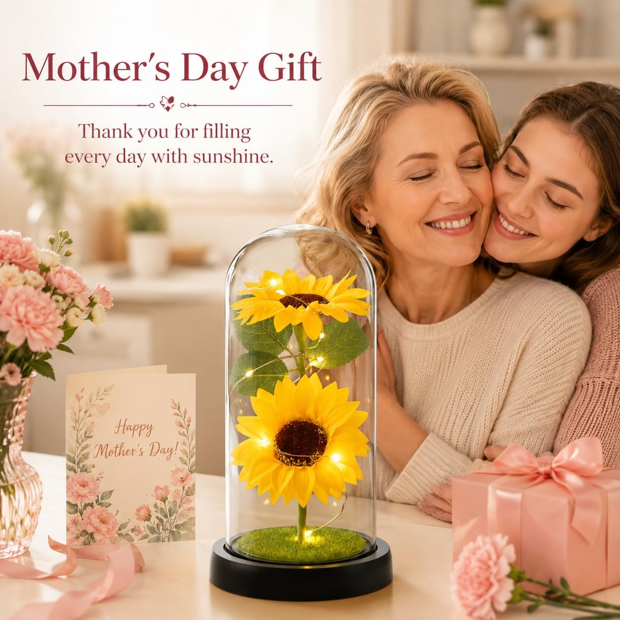 Mothers Day Sunflower Gifts for Women,Sun Flowers Home Decor,Preserved Sunflower in Glass Dome,Present for Christmas,Birthday,Mothers Day