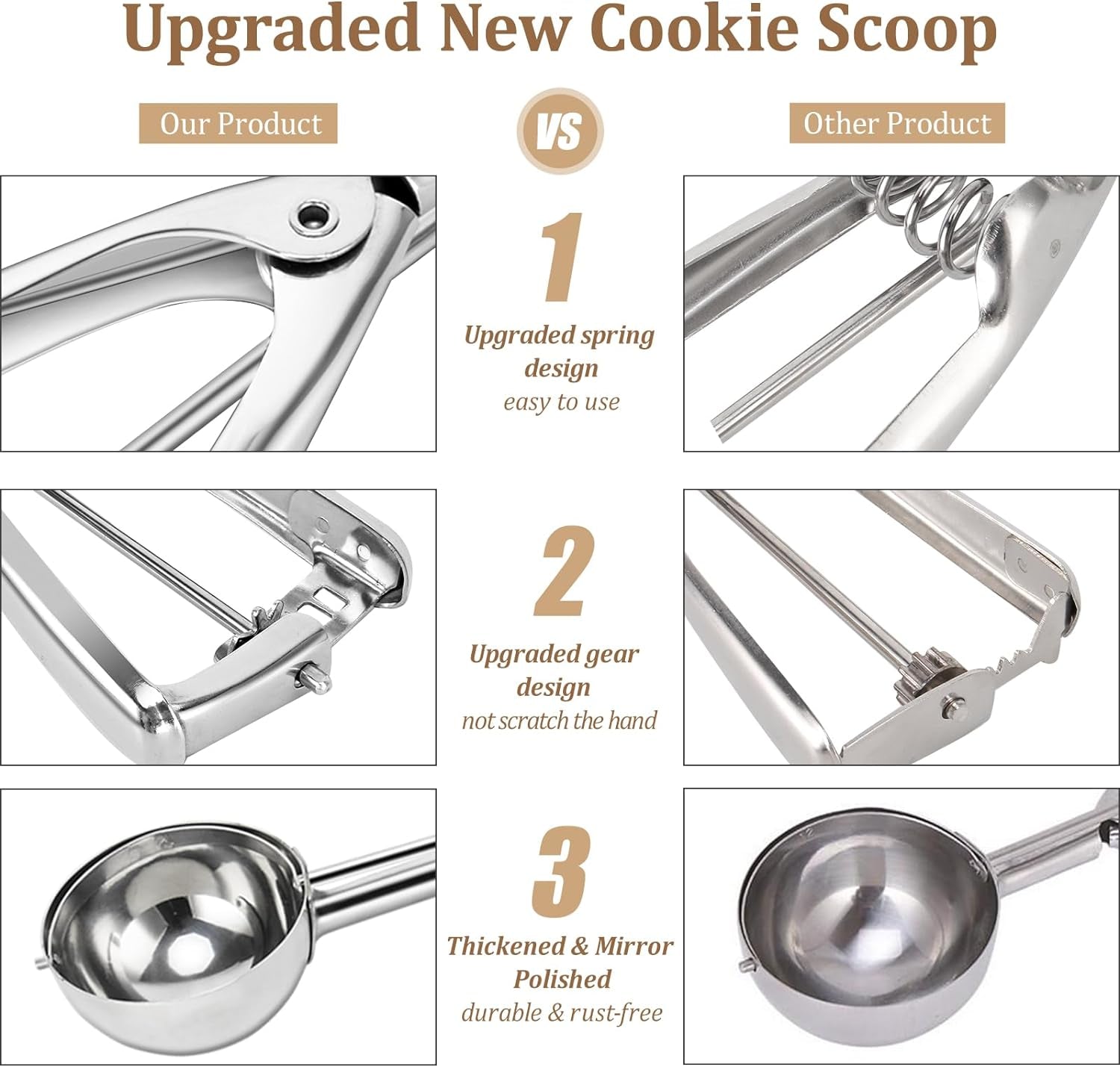 Cookie Scoop for Baking Set of 3 - Ice Cream Scoop Stainless Steel - Ice Cream Scooper with Trigger Release for Melon Baller