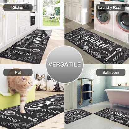 Kitchen Rugs Set of 2, Cushioned anti Fatigue Kitchen Mats for Floor, Non Slip Waterproof Comfort Standing Desk Mat Carpet for Sink, Stove, Laundry Room, Black