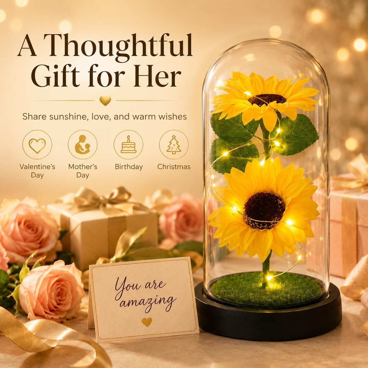 Mothers Day Sunflower Gifts for Women,Sun Flowers Home Decor,Preserved Sunflower in Glass Dome,Present for Christmas,Birthday,Mothers Day