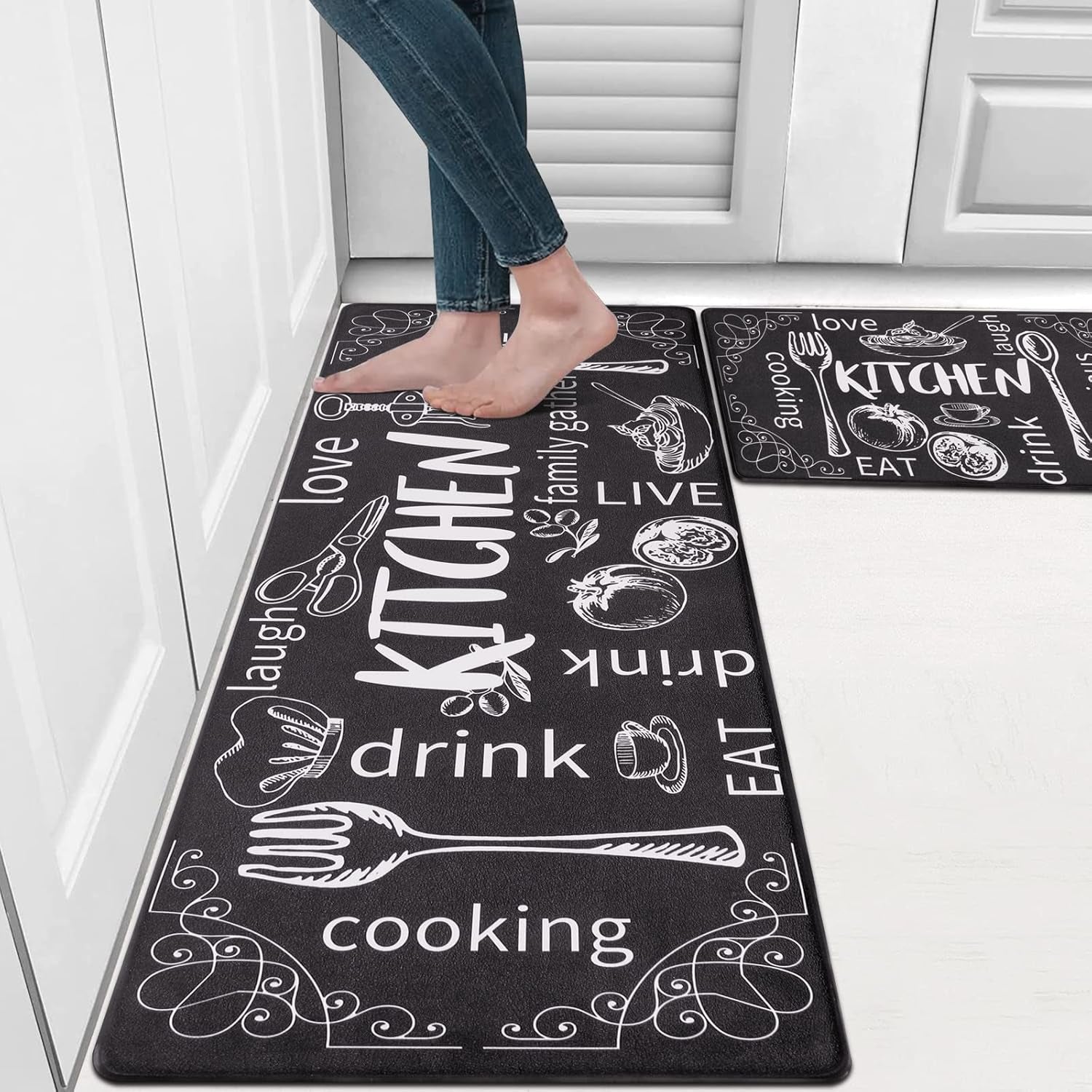 Kitchen Rugs Set of 2, Cushioned anti Fatigue Kitchen Mats for Floor, Non Slip Waterproof Comfort Standing Desk Mat Carpet for Sink, Stove, Laundry Room, Black