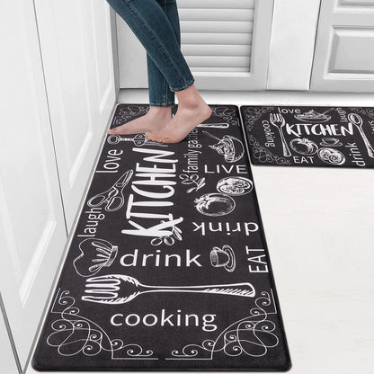 Kitchen Rugs Set of 2, Cushioned anti Fatigue Kitchen Mats for Floor, Non Slip Waterproof Comfort Standing Desk Mat Carpet for Sink, Stove, Laundry Room, Black