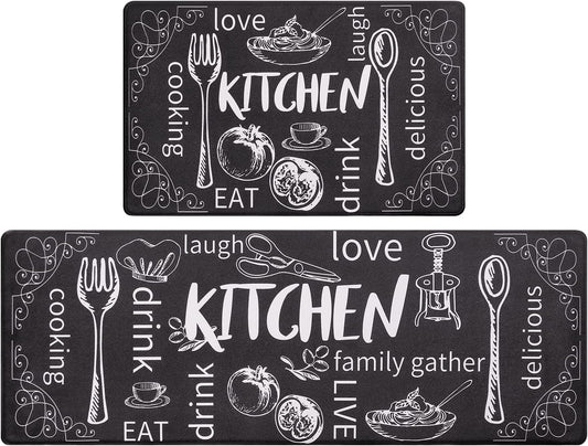 Kitchen Rugs Set of 2, Cushioned anti Fatigue Kitchen Mats for Floor, Non Slip Waterproof Comfort Standing Desk Mat Carpet for Sink, Stove, Laundry Room, Black