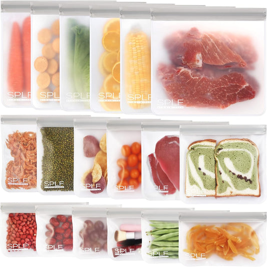 18 Pack BPA FREE Reusable Storage Bags (6 Gallon Freezer Bags, 6 Sandwich Bags, 6 Snack Bags), Extra Thick Leakproof Silicone and Plastic Free Lunch Bag