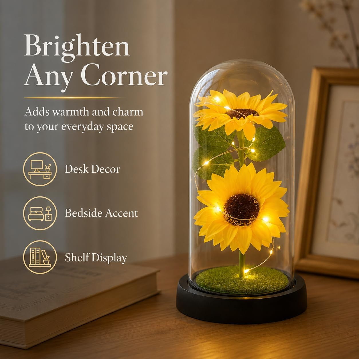 Mothers Day Sunflower Gifts for Women,Sun Flowers Home Decor,Preserved Sunflower in Glass Dome,Present for Christmas,Birthday,Mothers Day