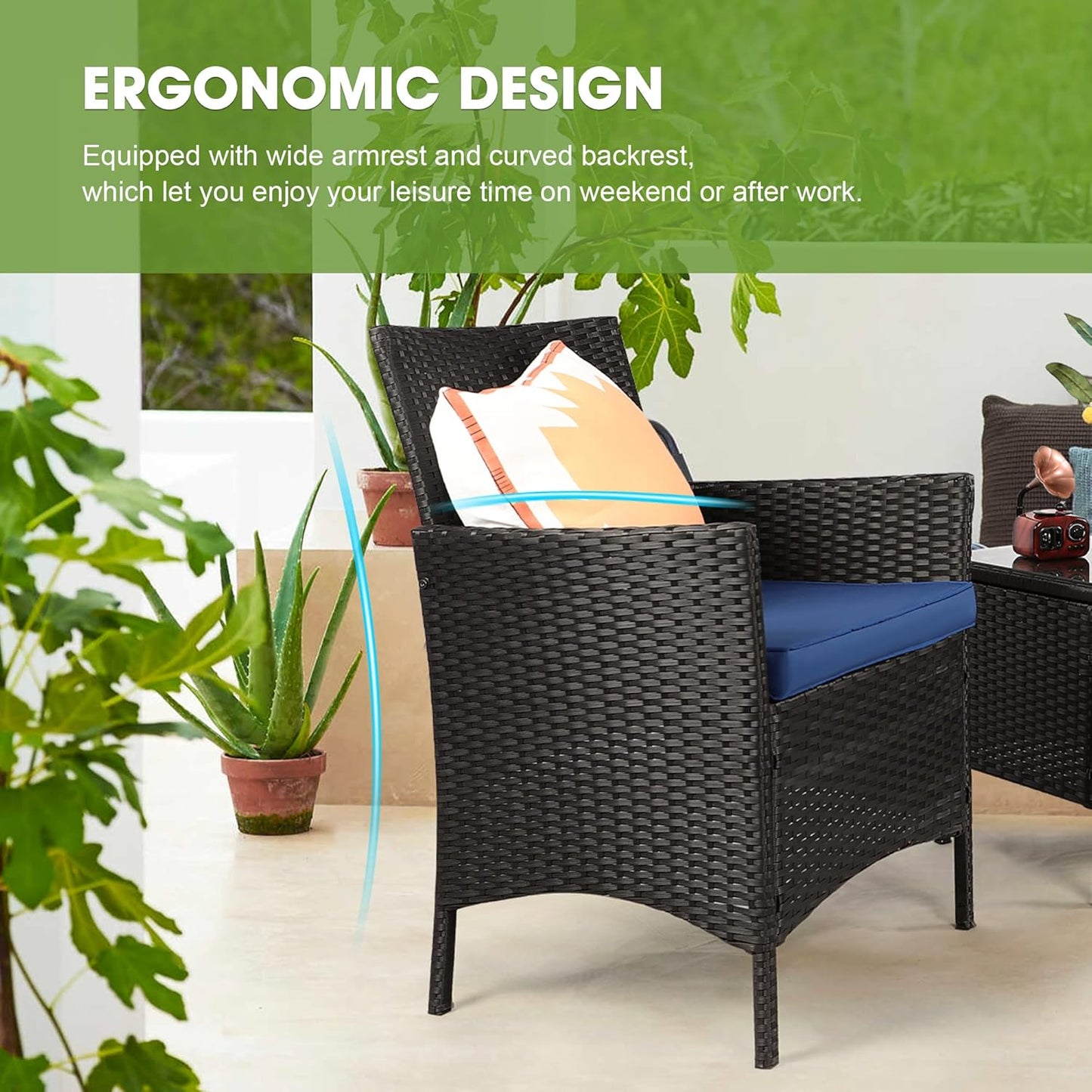 3 Piece Patio Furniture Set, Outdoor PE Rattan Wicker Chairs with Soft Cushion and Coffee Table, Conversation Set for Yard Backyard Lawn Porch Poolside Balcony, Black/Blue