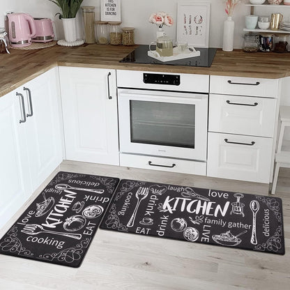 Kitchen Rugs Set of 2, Cushioned anti Fatigue Kitchen Mats for Floor, Non Slip Waterproof Comfort Standing Desk Mat Carpet for Sink, Stove, Laundry Room, Black