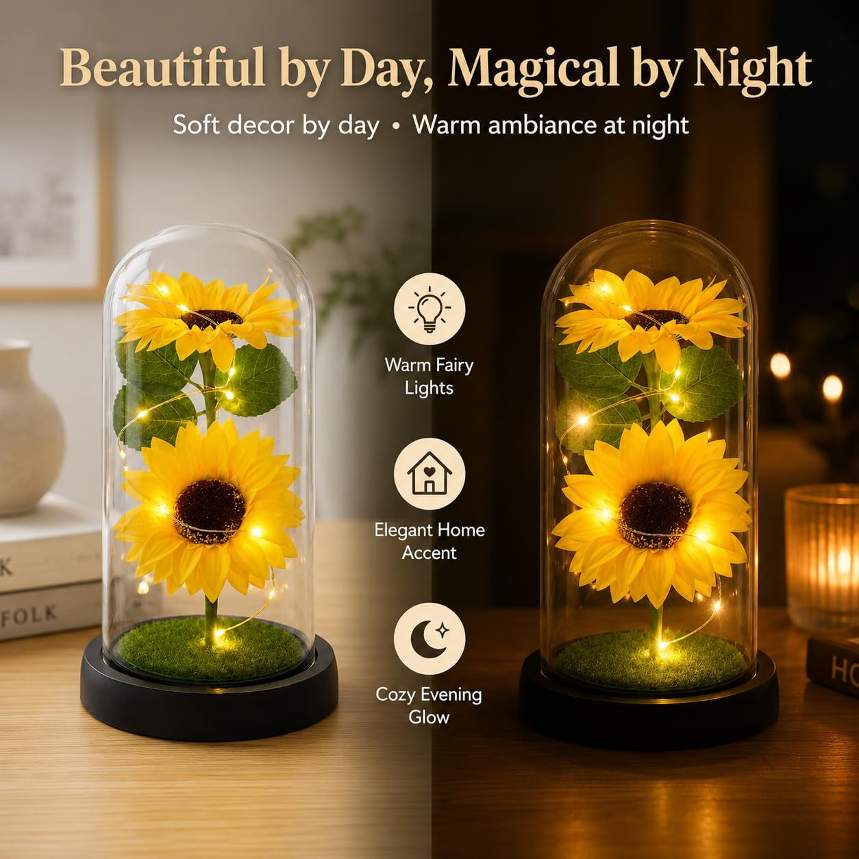 Mothers Day Sunflower Gifts for Women,Sun Flowers Home Decor,Preserved Sunflower in Glass Dome,Present for Christmas,Birthday,Mothers Day
